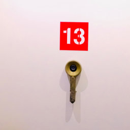 A photograph of a bare wall with a stencilled number 13 in red outline, above an unusually shaped brass key